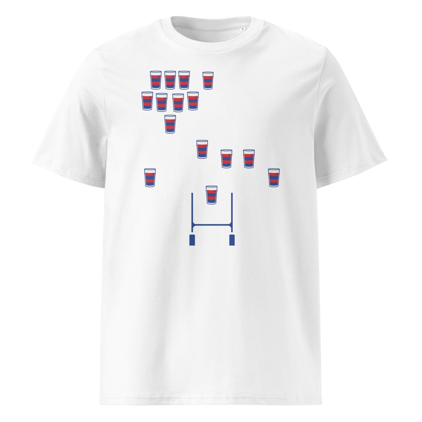 White Clontarf rugby t-shirt featuring red and blue striped pint glasses arranged in a rugby team formation above matching rugby posts.