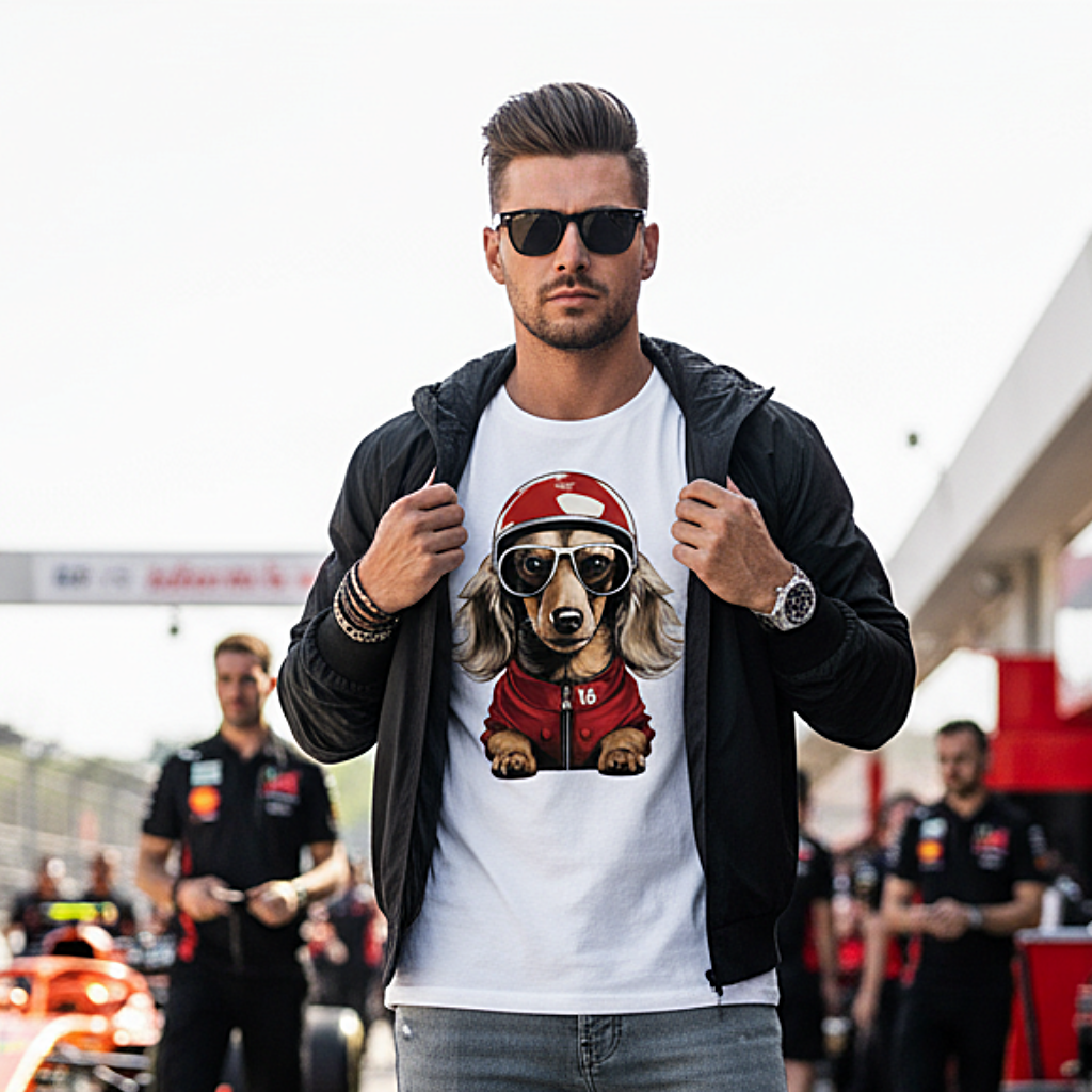 Close up of male model in the  paddock wearing the Leo Leclerc T-Shirt, styled with the latest fashion trends, sunglasses on but not blocking the shirt, clear view of the dachshund-in-racing-gear design.