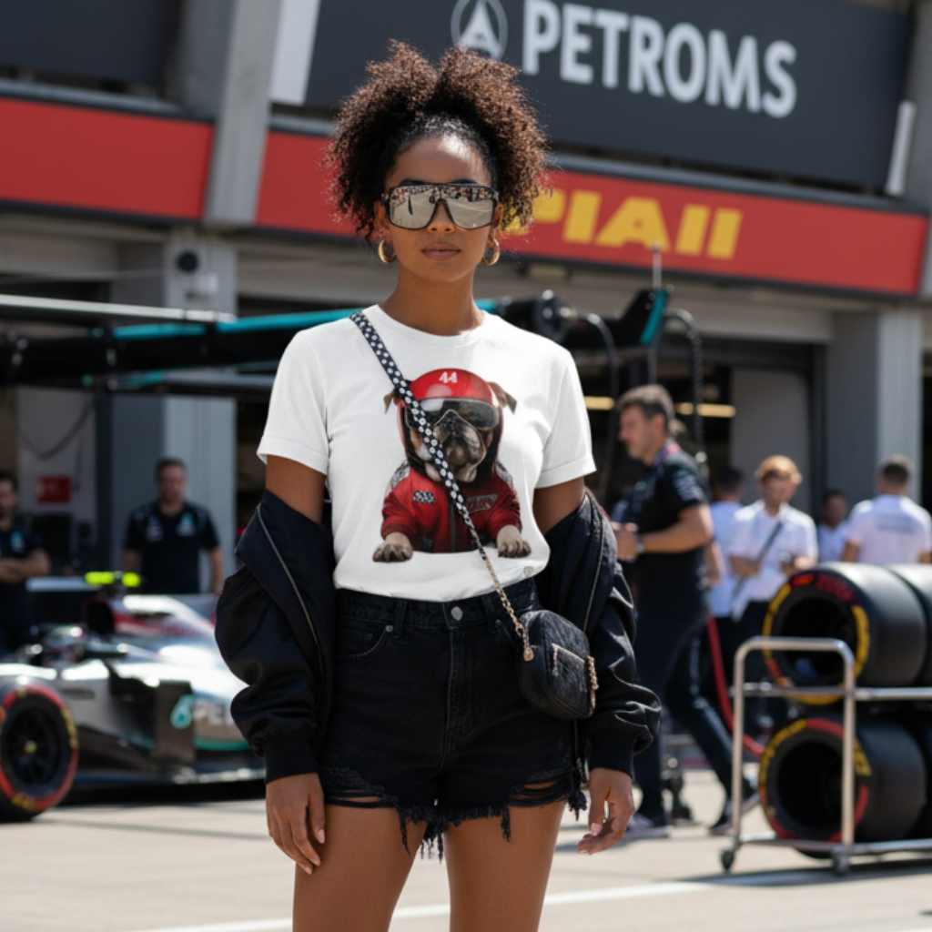 Close up of a female model in the paddock sporting the Roscoe Hamilton T-Shirt, styled with modern motorsport-inspired fashion, sunglasses on but not blocking the shirt, clear view of the bulldog-in-racing-gear design.