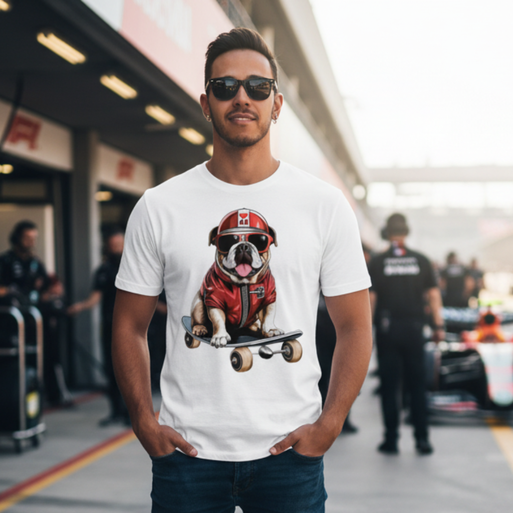 Close up of a male model in the paddock during the day, wearing the Roscoe Hamilton Skateboard T-Shirt with a clear view of the bulldog-on-skateboard design.
