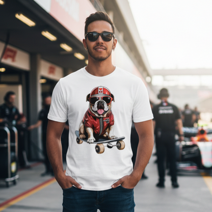 Close up of a male model in the paddock during the day, wearing the Roscoe Hamilton Skateboard T-Shirt with a clear view of the bulldog-on-skateboard design.