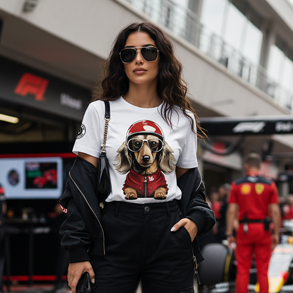 Close up female model in the paddock sporting the Leo Leclerc T-Shirt, styled with modern motorsport-inspired fashion, sunglasses on but not blocking the shirt, clear view of the dachshund-in-racing-gear design.
