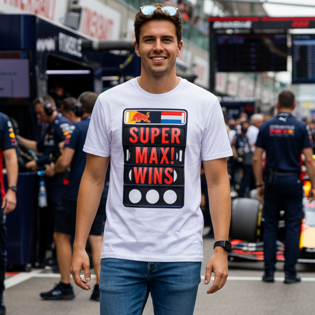 Man wearing a t-shirt with 'Super Max! Wins' text at a Formula 1 event.
