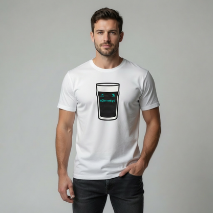 Male model on a light grey studio background wearing a white Connacht t‑shirt with a black pint graphic and turquoise text; front-facing relaxed stance, graphic centered and clear.