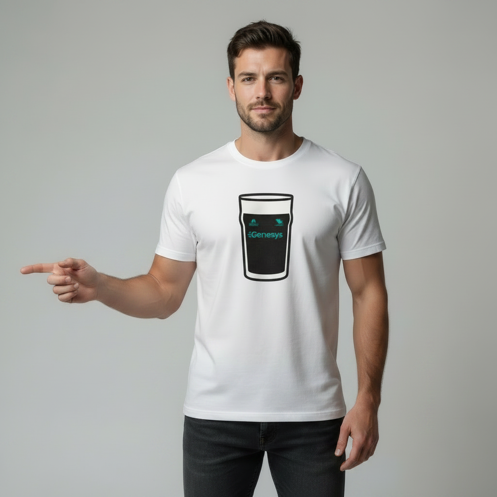 Male model on a light grey studio background wearing a white Connacht t‑shirt with a black pint graphic and turquoise text; model points to his left while the chest print remains fully visible.