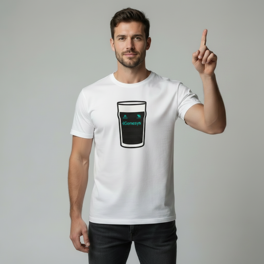 Male model on a light grey studio background wearing a white t‑shirt with a black pint graphic and turquoise text; model points upward and looks up in the same direction.
