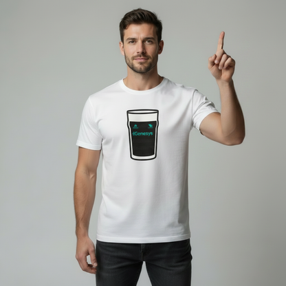 Male model on a light grey studio background wearing a white t‑shirt with a black pint graphic and turquoise text; model points upward and looks up in the same direction.