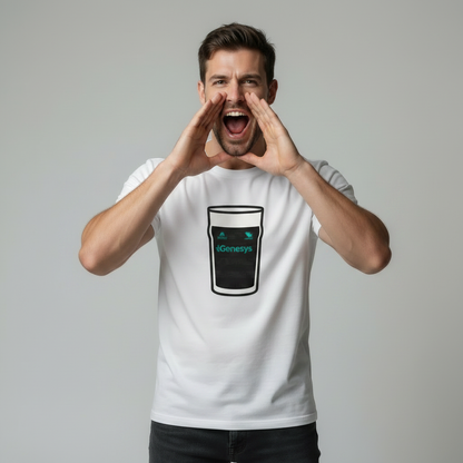 Male model on a light grey studio background wearing a white Connacht t‑shirt with a black pint graphic and turquoise text; hands cupped around mouth as if shouting loudly, chest print fully visible.