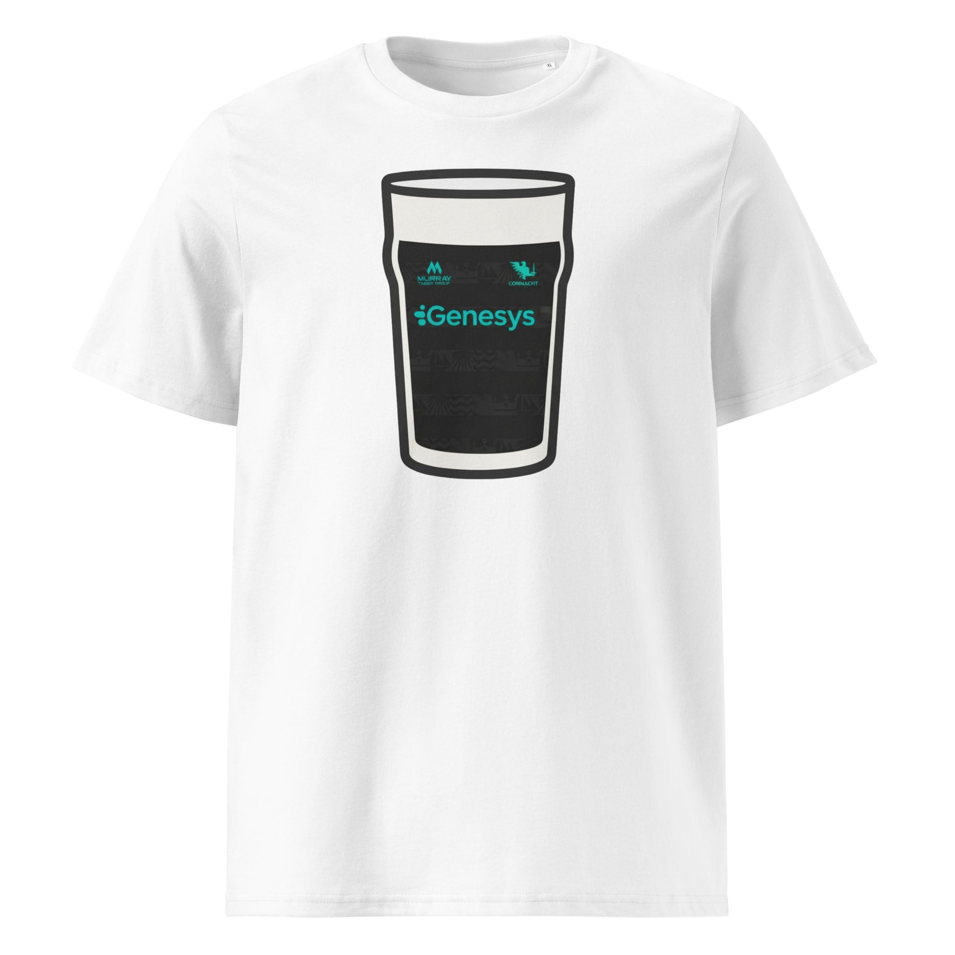 White Connacht European Mega Pint Rugby T-Shirt with black pint glass graphic, turquoise Genesys sponsor detail and Connacht Rugby crest.