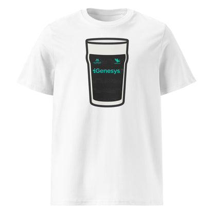 White Connacht European Mega Pint Rugby T-Shirt with black pint glass graphic, turquoise Genesys sponsor detail and Connacht Rugby crest.