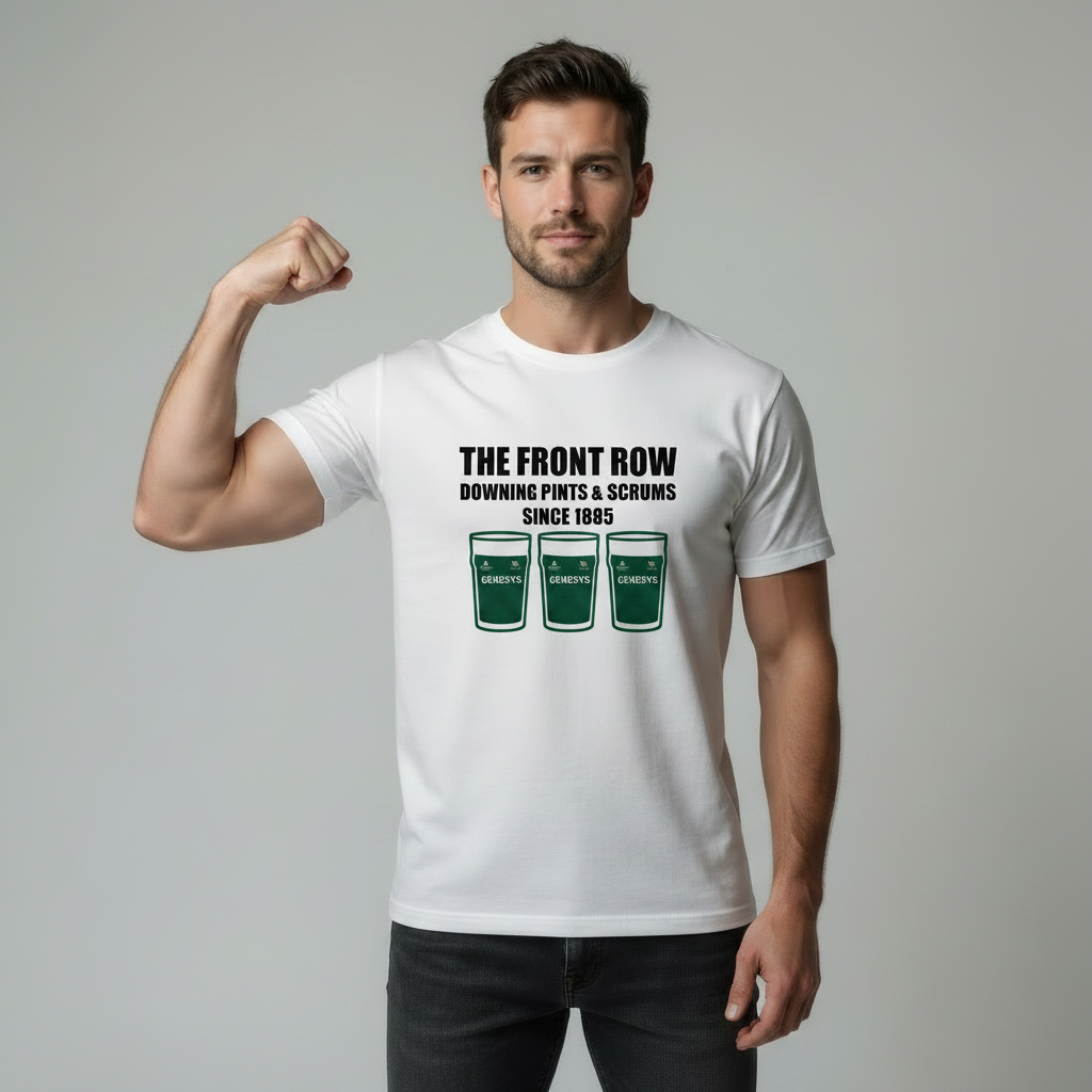 Male model in studio on light grey background wearing a white t‑shirt reading “THE FRONT ROW DOWNING PINTS & SCRUMS SINCE 1885” right arm flexing bicep pose.