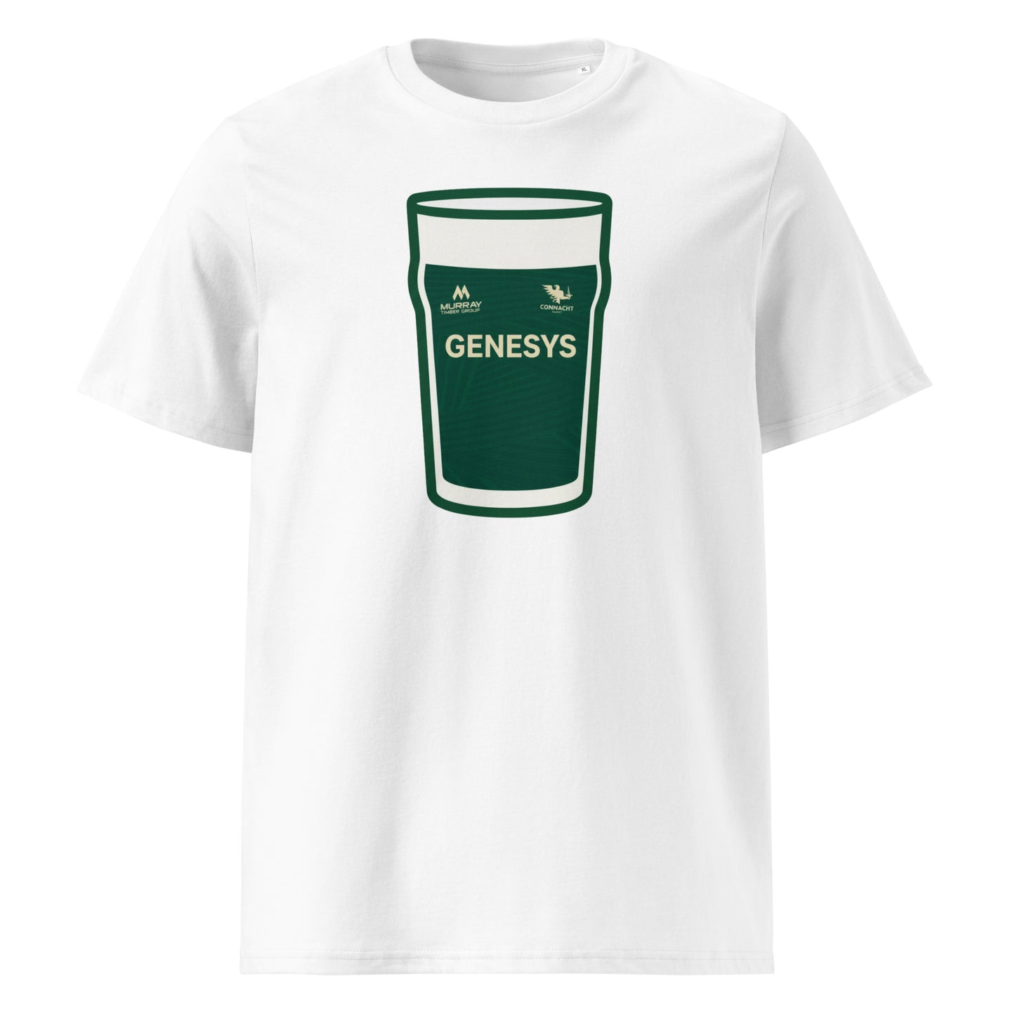 White Connacht Home Mega Pint Rugby T-Shirt with dark green pint glass graphic, Genesys sponsor detail and Connacht Rugby crest.