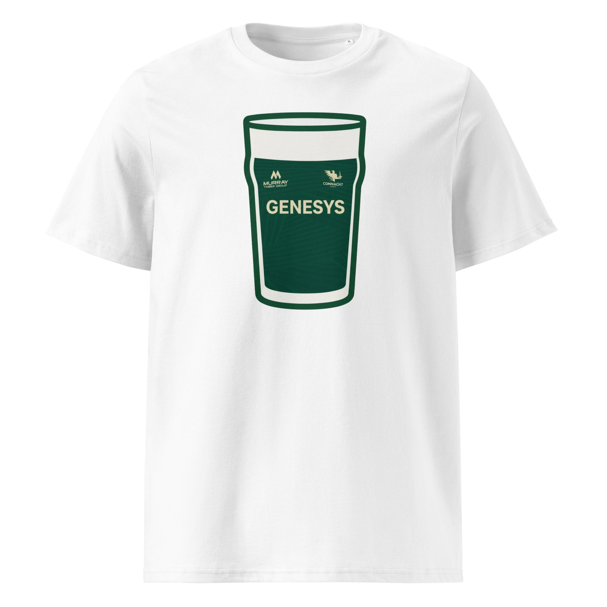 White Connacht Home Mega Pint Rugby T-Shirt with dark green pint glass graphic, Genesys sponsor detail and Connacht Rugby crest.