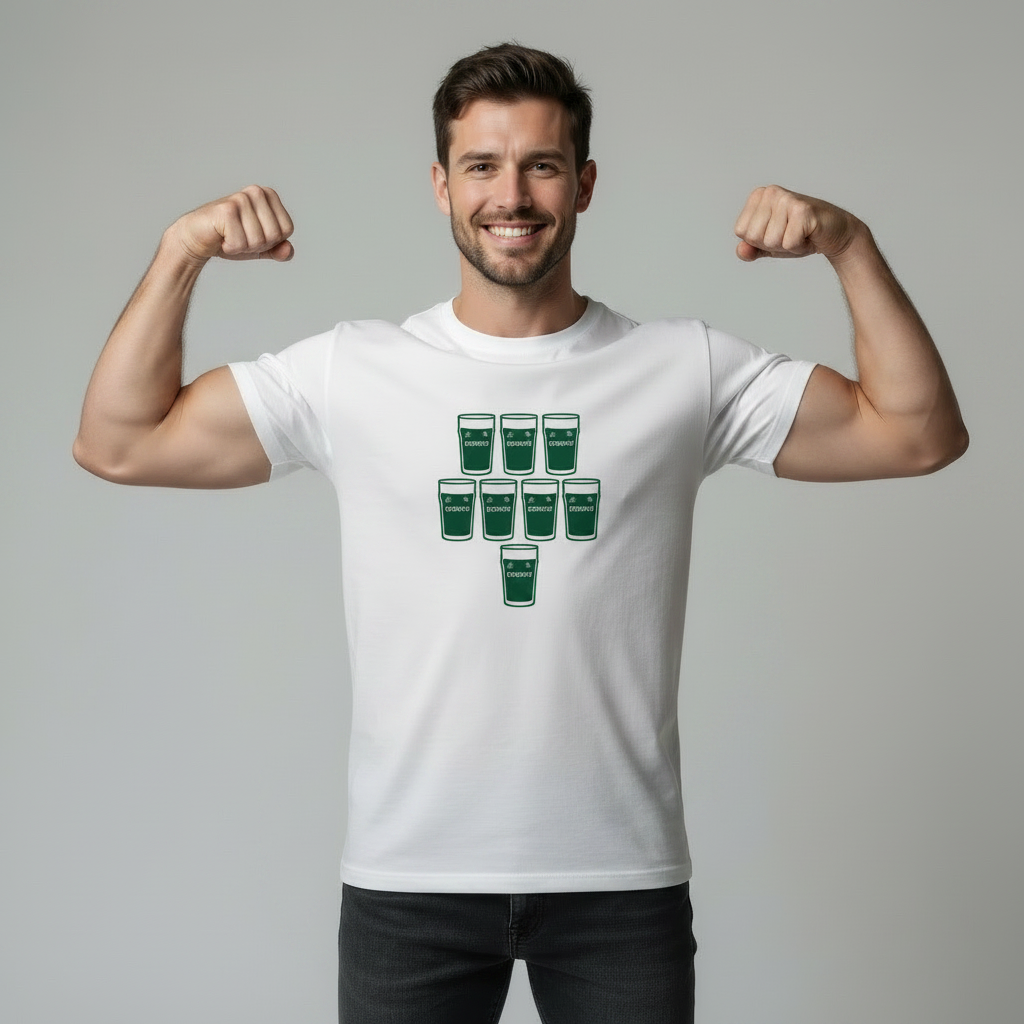 Male model on a light grey studio background wearing a white rugby t‑shirt with eight dark green pint glasses arranged in a rugby formation; model in a double‑biceps power pose with a grin, graphic fully visible.