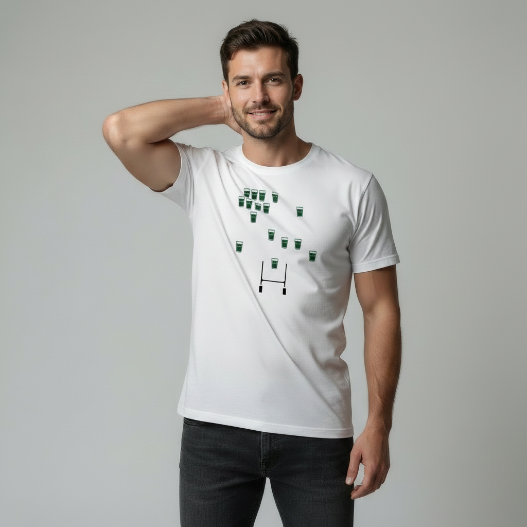 Male model on a light grey studio background wearing a white t‑shirt with Connacht “team pints” design (multiple small green pint glasses and rugby posts graphic); one hand behind head, other arm relaxed at side.