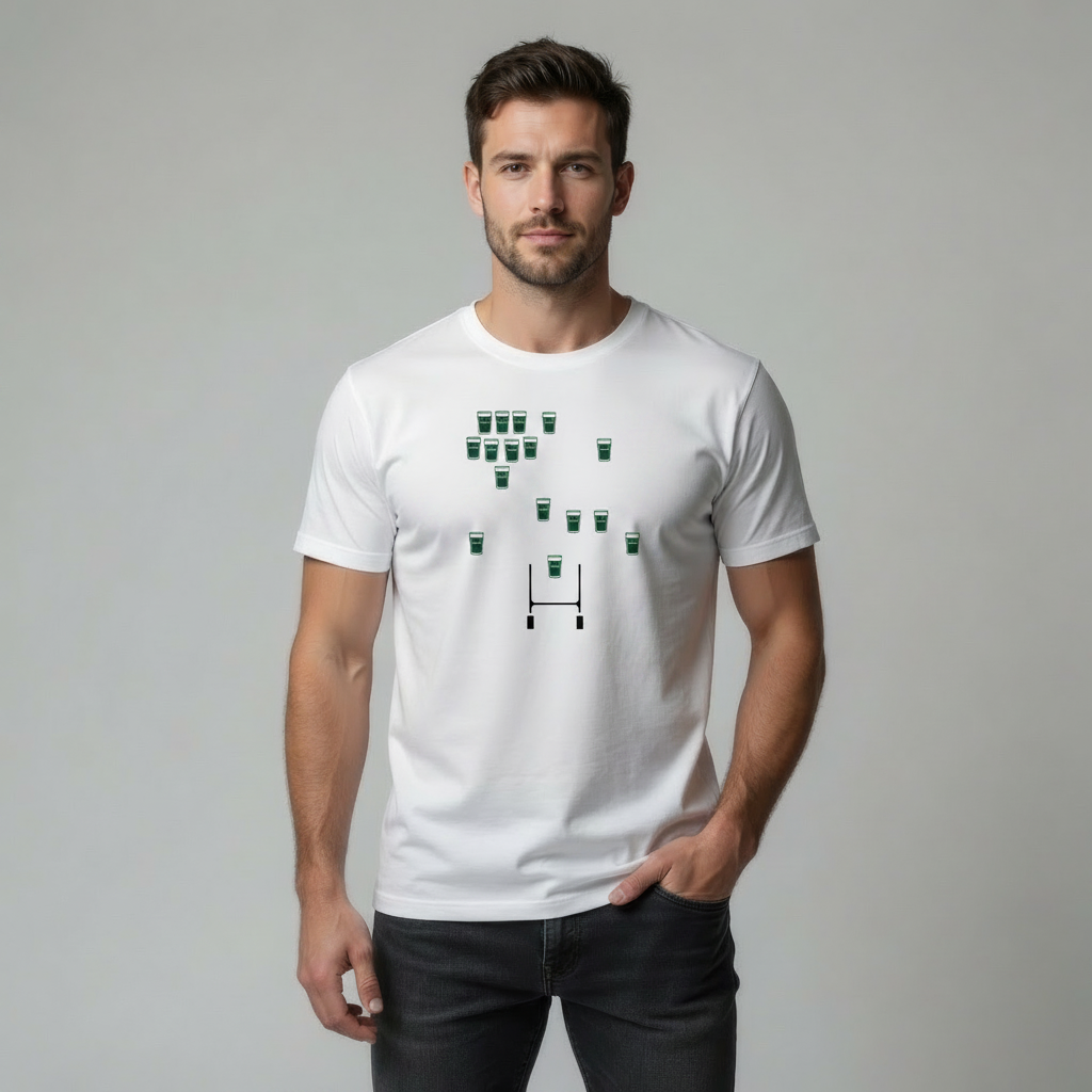 Male model on a light grey studio background wearing a white t‑shirt with Connacht “team pints” design (small green pint glasses and rugby posts graphic); one arm in pocket, graphic fully visible.