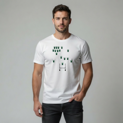 Male model on a light grey studio background wearing a white t‑shirt with Connacht “team pints” design (small green pint glasses and rugby posts graphic); one arm in pocket, graphic fully visible.