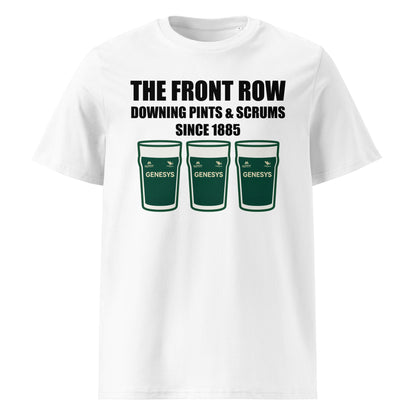 White Connacht Rugby home rugby t-shirt with black slogan text reading The Front Row Downing Pints & Scrums Since 1885 and three pint glasses styled in Connacht green.