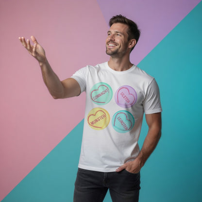 Male model styled casually in a white rugby love hearts t‑shirt featuring the four Irish provinces in pastel heart graphics