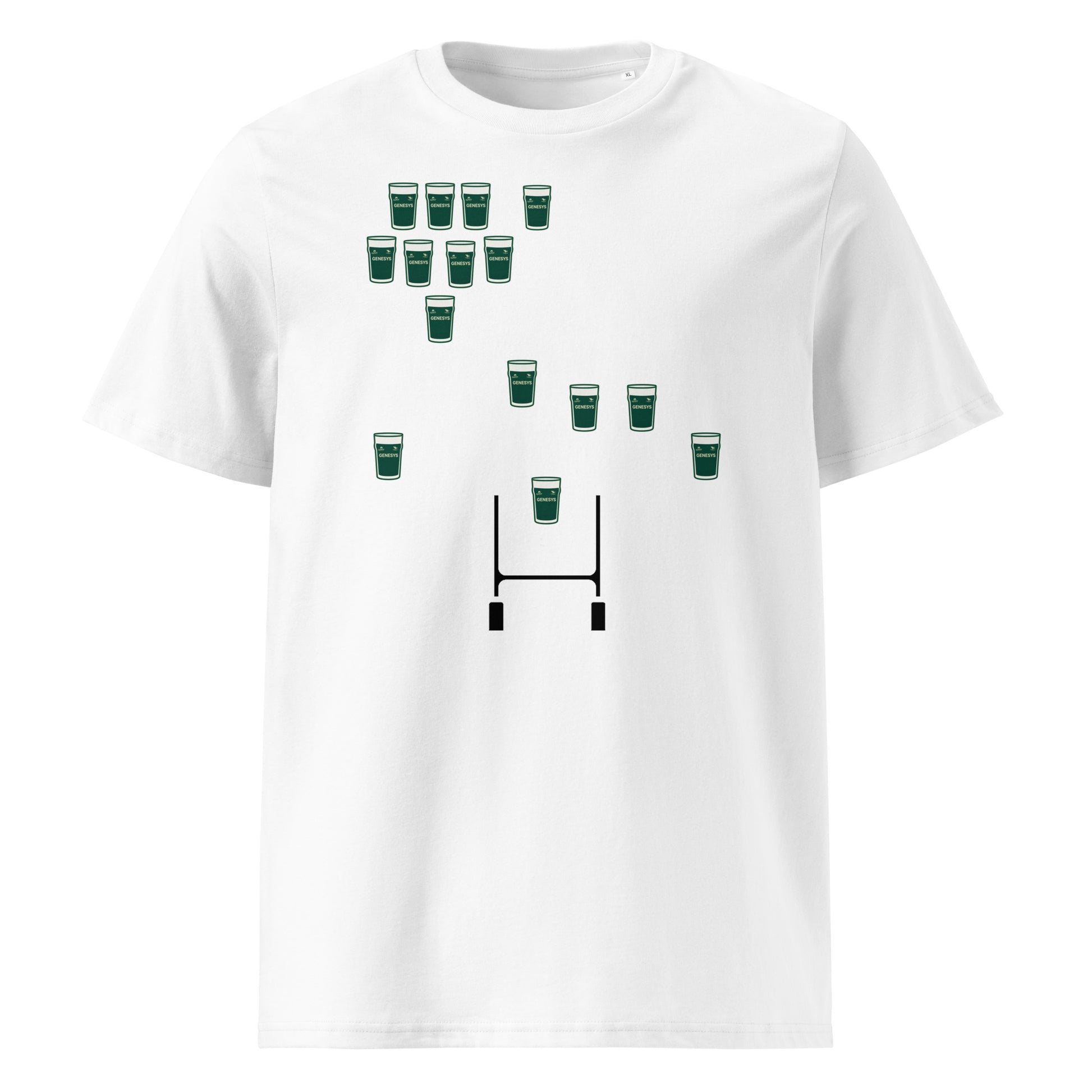 White Connacht rugby t-shirt featuring green pint glasses arranged in a rugby team formation above rugby posts.