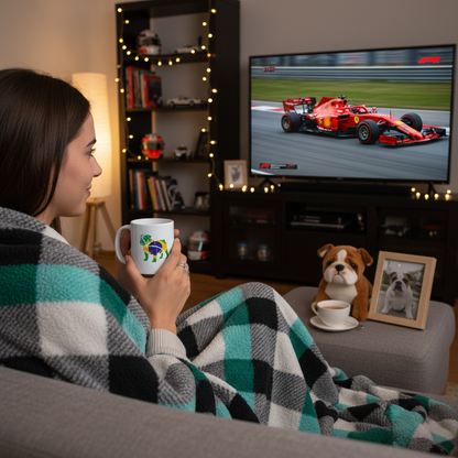 A female Lewis Hamilton fan wrapped in a blanket, sipping from her Forever Roscoe mug, Ferrari race on TV, Roscoe plush nearby. The perfect race day setup.