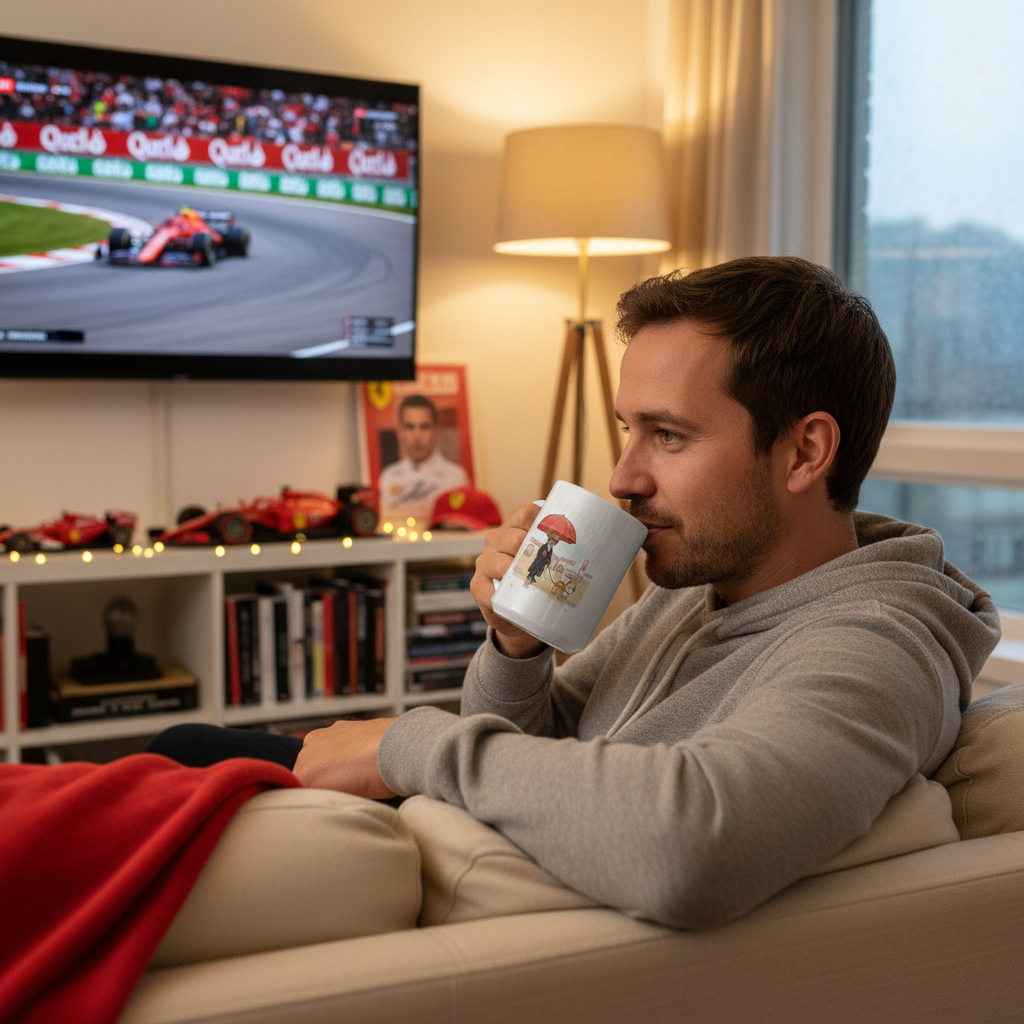 Discover the perfect race day vibe: a male Formula 1 fan relaxes at home with the exclusive Roscoe and Lewis mug, surrounded by Ferrari memorabilia. Ideal inspiration for every passionate F1 supporter!