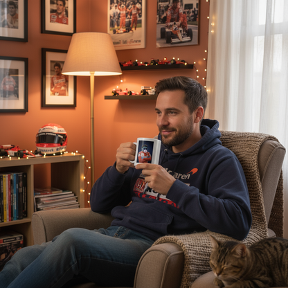 A male Ayrton Senna fan enjoys his tribute mug surrounded by F1 nostalgia and memorabilia. The perfect scene for any motorsport enthusiast.