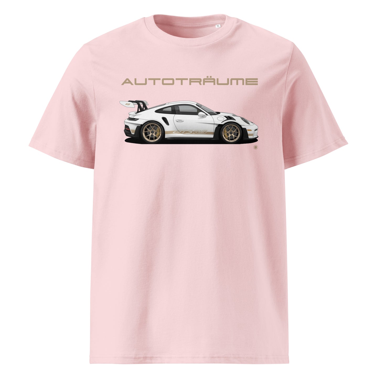 Cotton Pink AUTOTRÄUME GT3 RS Porsche T-Shirt with Gold Detail – Front View