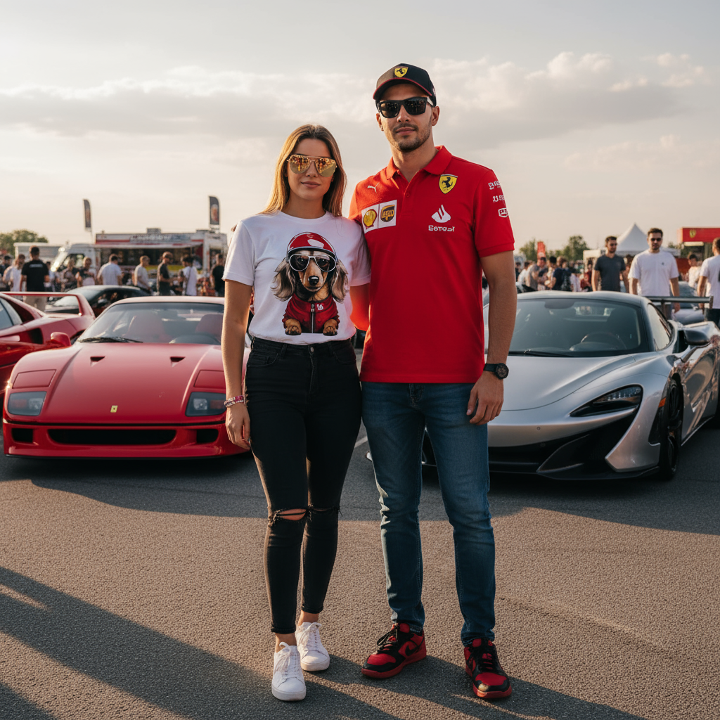 Couple at a car meet, one wearing the Leo Leclerc T-Shirt, the other in Ferrari fan gear, both styled for motorsport culture, clear view of the Leo Leclerc tee design.
