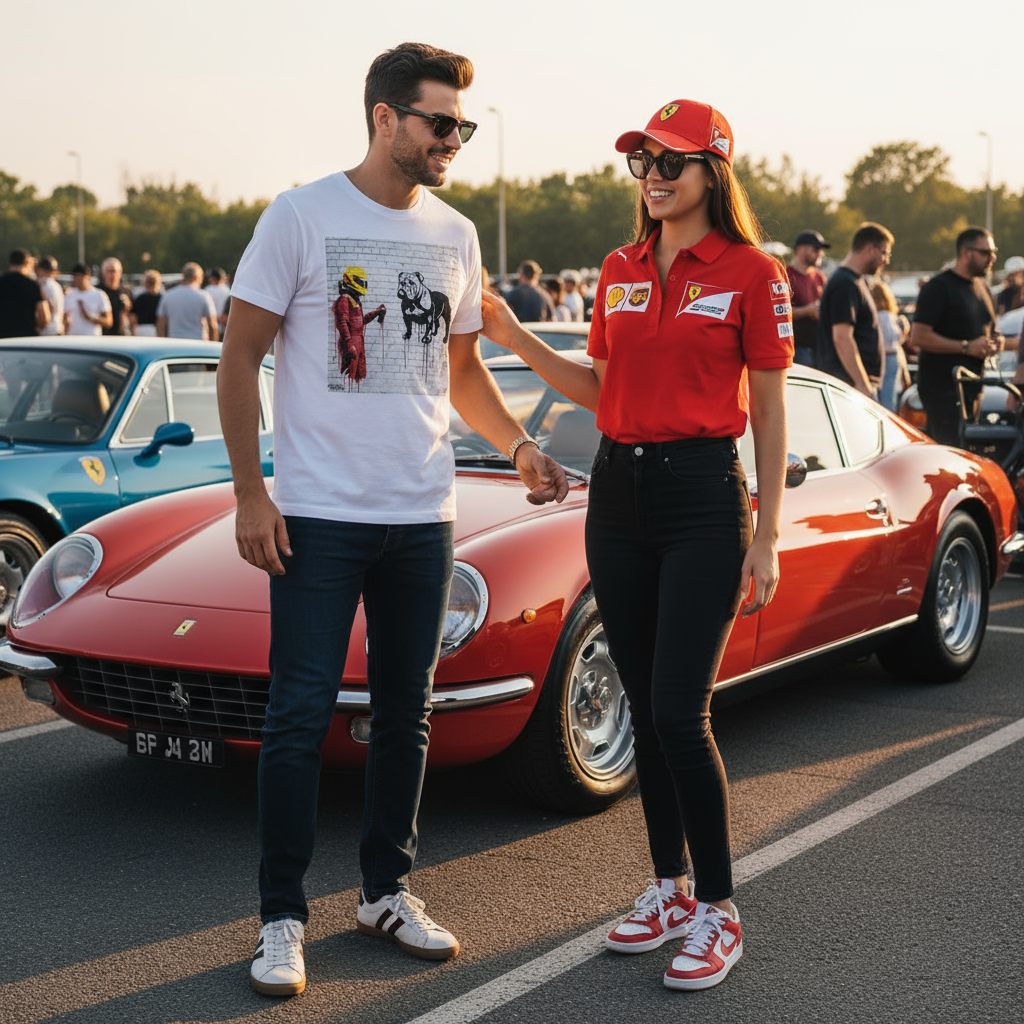 Couple at a car meet, one wearing the Roscoe Graffiti T-Shirt, the other in Ferrari fan gear, both styled for motorsport culture.
