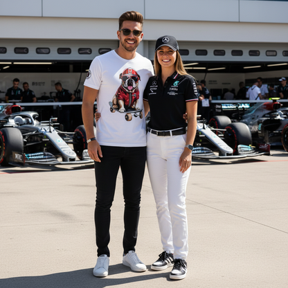 Smiling couple at an F1 paddock, the Roscoe Hamilton Skateboard T-Shirt highlighted alongside Mercedes fan apparel, capturing unique supporter style.
