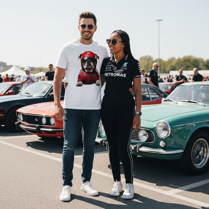 Couple at a car meet, one wearing the Roscoe Hamilton T-Shirt, the other in Mercedes fan gear, both styled for motorsport culture, clear view of the Roscoe Hamilton tee design.