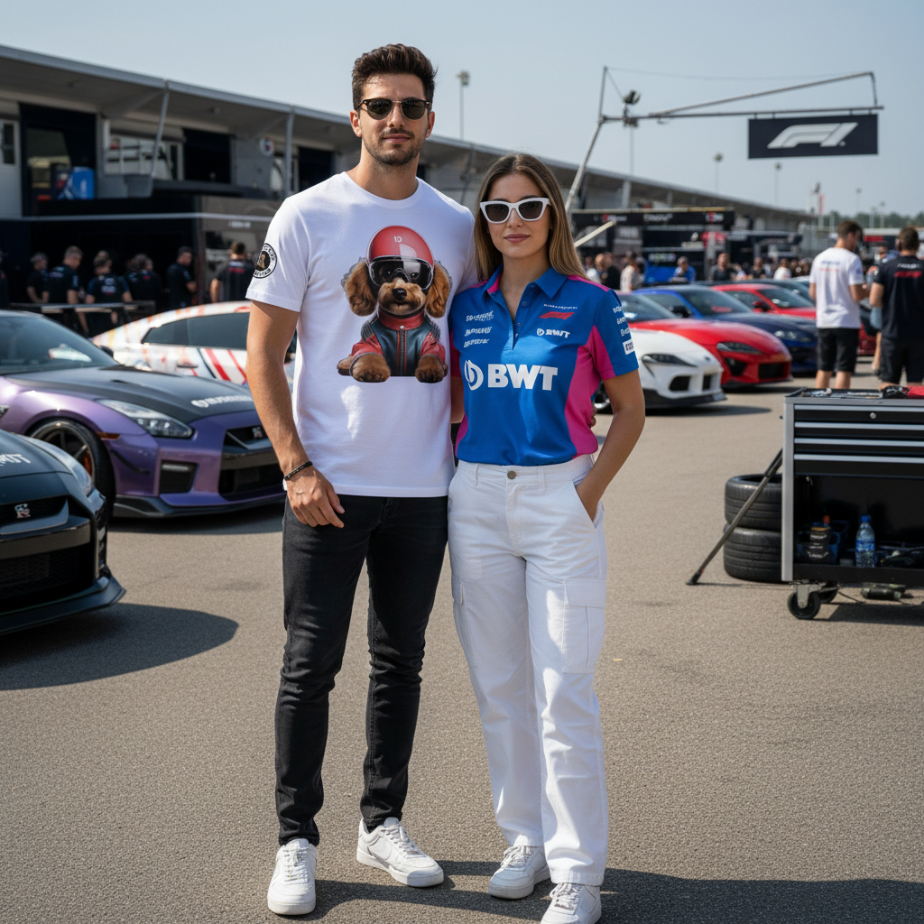 Couple at a car meet, one wearing the Simba Gasly T-Shirt, the other in Alpine fan gear, both styled for motorsport culture, clear view of the Simba Gasly tee design.
