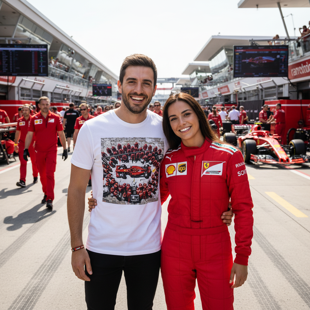 Couple at a grand prix paddock, with one wearing The Gathering pit stop T-Shirt and the other in red tifosi-inspired clothing, highlighting coordinated motorsport fan outfits.