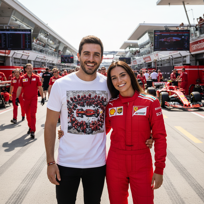 Couple at a grand prix paddock, with one wearing The Gathering pit stop T-Shirt and the other in red tifosi-inspired clothing, highlighting coordinated motorsport fan outfits.