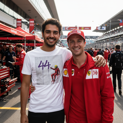 Couple at a grand prix paddock, with one wearing The Magic Number 44 graffiti T-Shirt and the other in red tifosi-inspired clothing, showing coordinated race fan outfits.