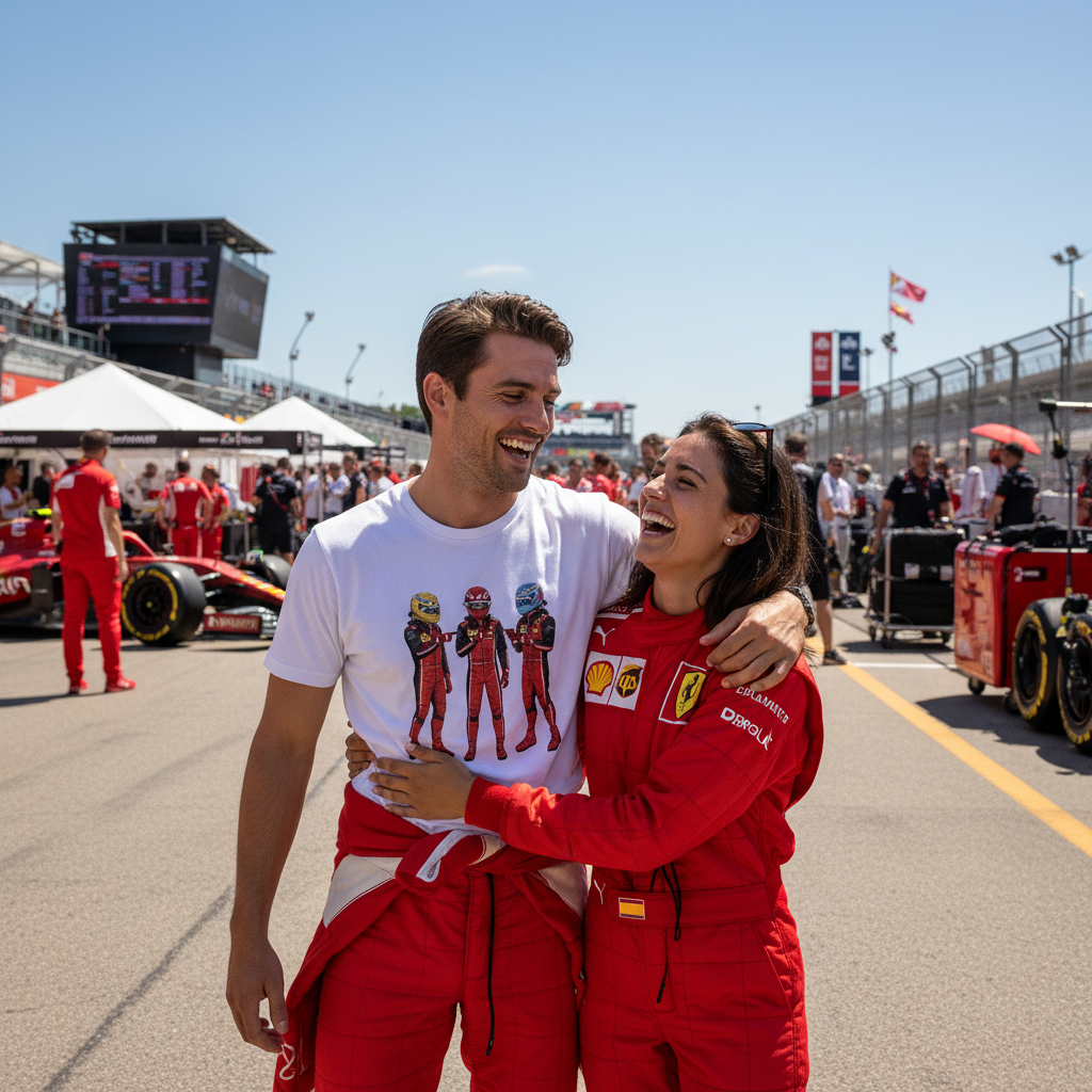 Motorsport couple in a grand prix paddock, with the Pitwall Meme Drivers T-Shirt clearly showing three red-suited racing drivers pointing at each other, next to a partner in red tifosi-style clothing, capturing funny Italian team fan energy.
