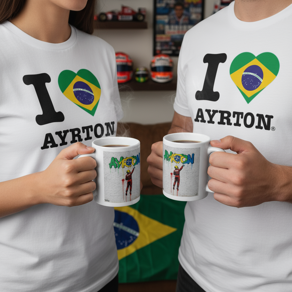 Couple in matching “I ♥ Ayrton” t-shirts, sharing coffee with the Ayrton Street Art Graffiti Mug in a cosy, F1-inspired living room.