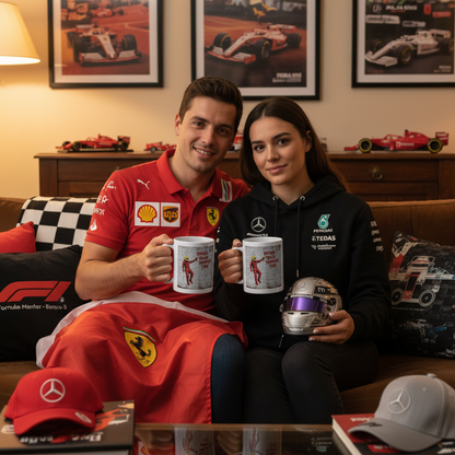 A couple of Lewis Hamilton and Ferrari fans enjoying a cosy evening, both holding the Scuderia Series: Bring Back Hammer Time Graffiti Mug with racing decor in the background.