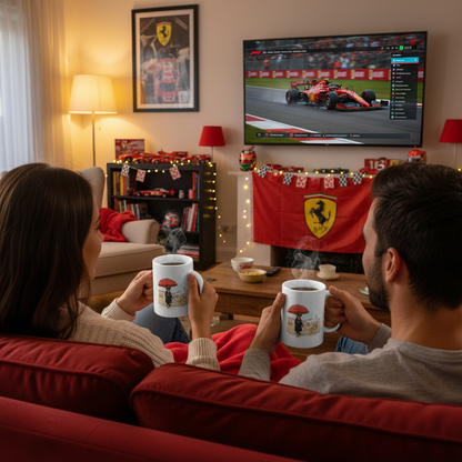 Celebrate togetherness and speed! A couple enjoys the excitement of a Ferrari F1 race, each with a Roscoe and Lewis mug in hand. The perfect setting for F1 fans who love to share the thrill.
