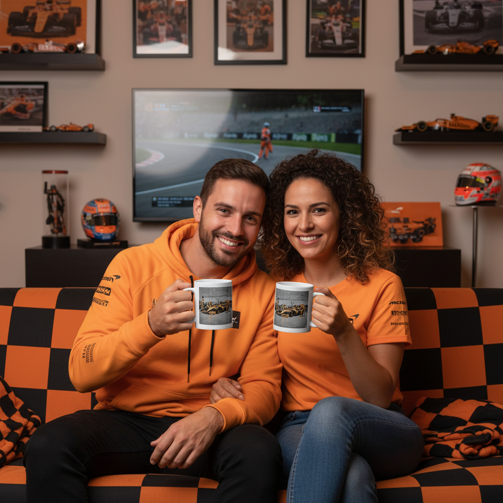 A couple of McLaren fans enjoy a cosy evening together, both holding the Papaya Series: Pit Stop Graffiti Mug. The scene is filled with F1 spirit and modern racing art.