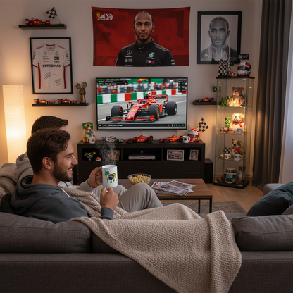 A couple enjoys a race replay together, each with a Forever Roscoe mug in hand, Roscoe and motorsport memorabilia in the background.