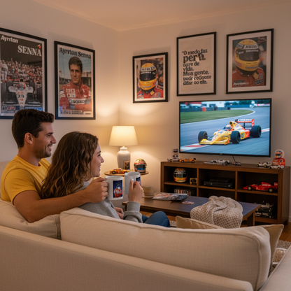 A couple enjoys a classic Senna race together, each with an Ayrton tribute mug in hand. The ultimate F1 fan couple moment.