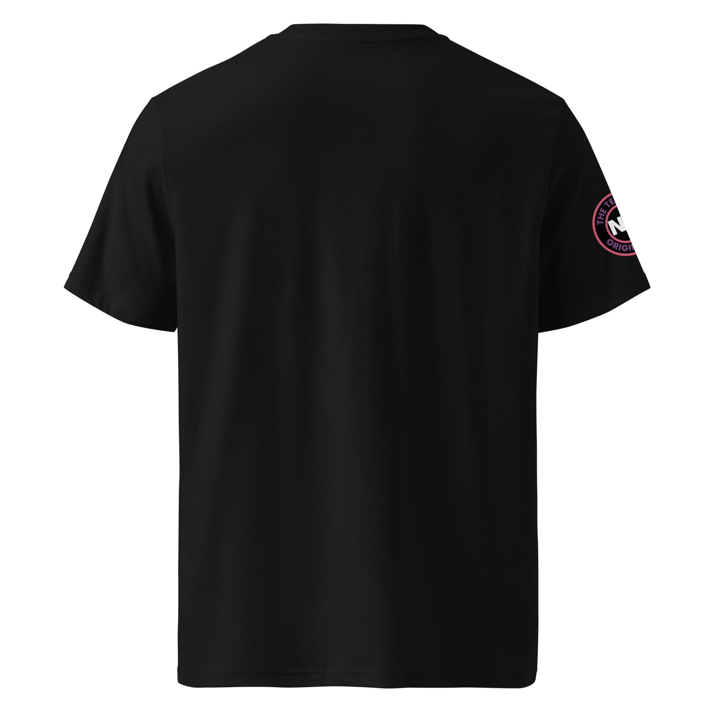 Back view of black unisex t-shirt with plain design. No rear print, highlighting the multi-colour slogan and Nm logo on the sleeve. DTF print, perfect for torque fans.