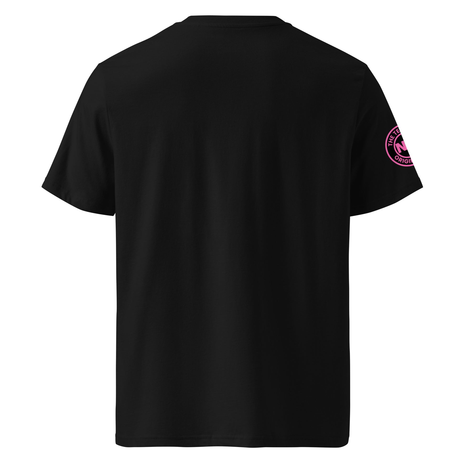 Back view of black unisex t-shirt with plain design. No rear print, highlighting the pink slogan and Nm logo on the sleeve. DTF print, perfect for torque fans.
