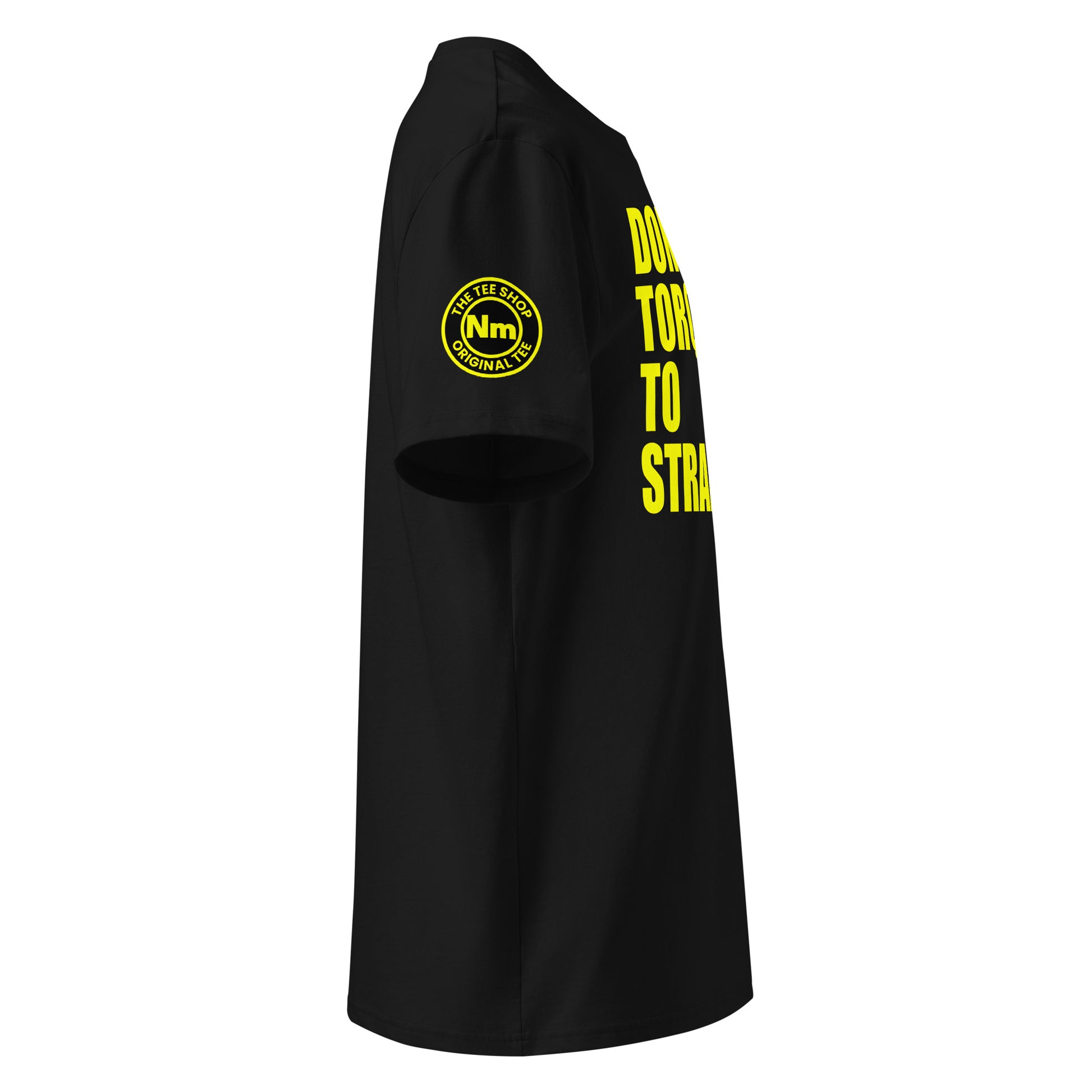 Right side view of black t-shirt showing The Tee Shop’s Nm logo and yellow slogan. DTF print, car culture and banter tribute.