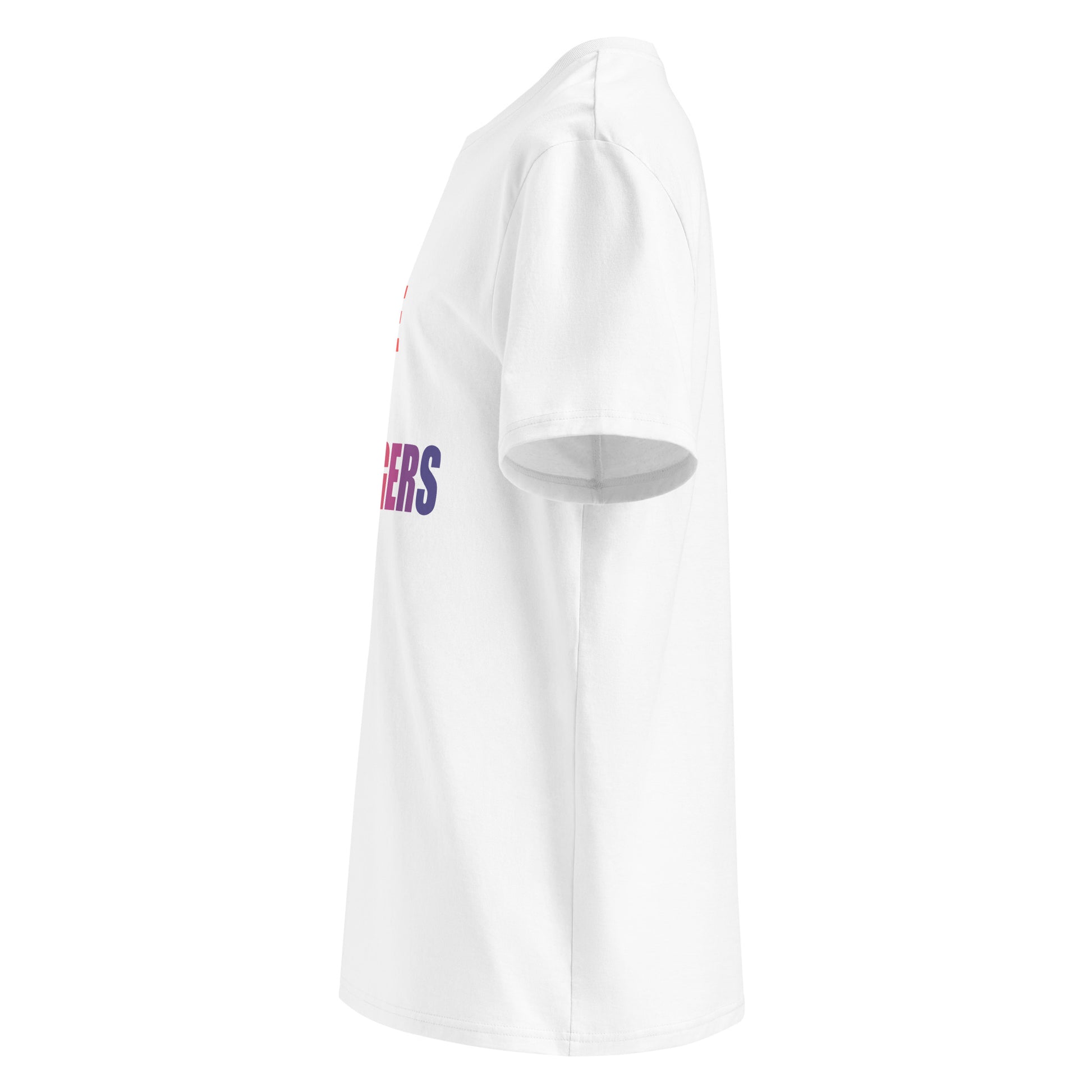 Left side view of white unisex t-shirt, plain sleeve, visible side of the colourful “DON’T TORQUE TO STRANGERS” chest print. Minimalist, car meet style.