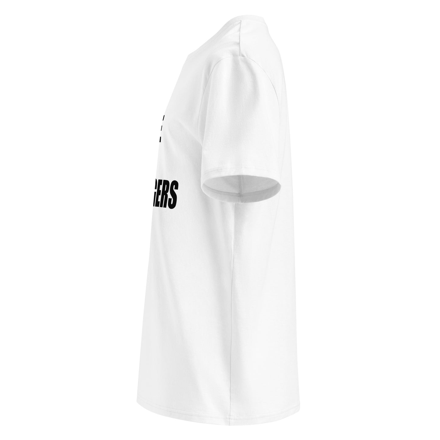 Left side view of white unisex t-shirt, plain sleeve, visible side of the black “DON’T TORQUE TO STRANGERS” chest print. Minimalist, car meet style.

