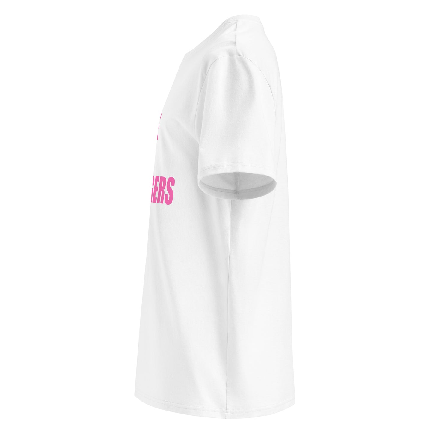 Left side view of white unisex t-shirt, plain sleeve, visible side of the pink “DON’T TORQUE TO STRANGERS” chest print. Minimalist, car meet style.