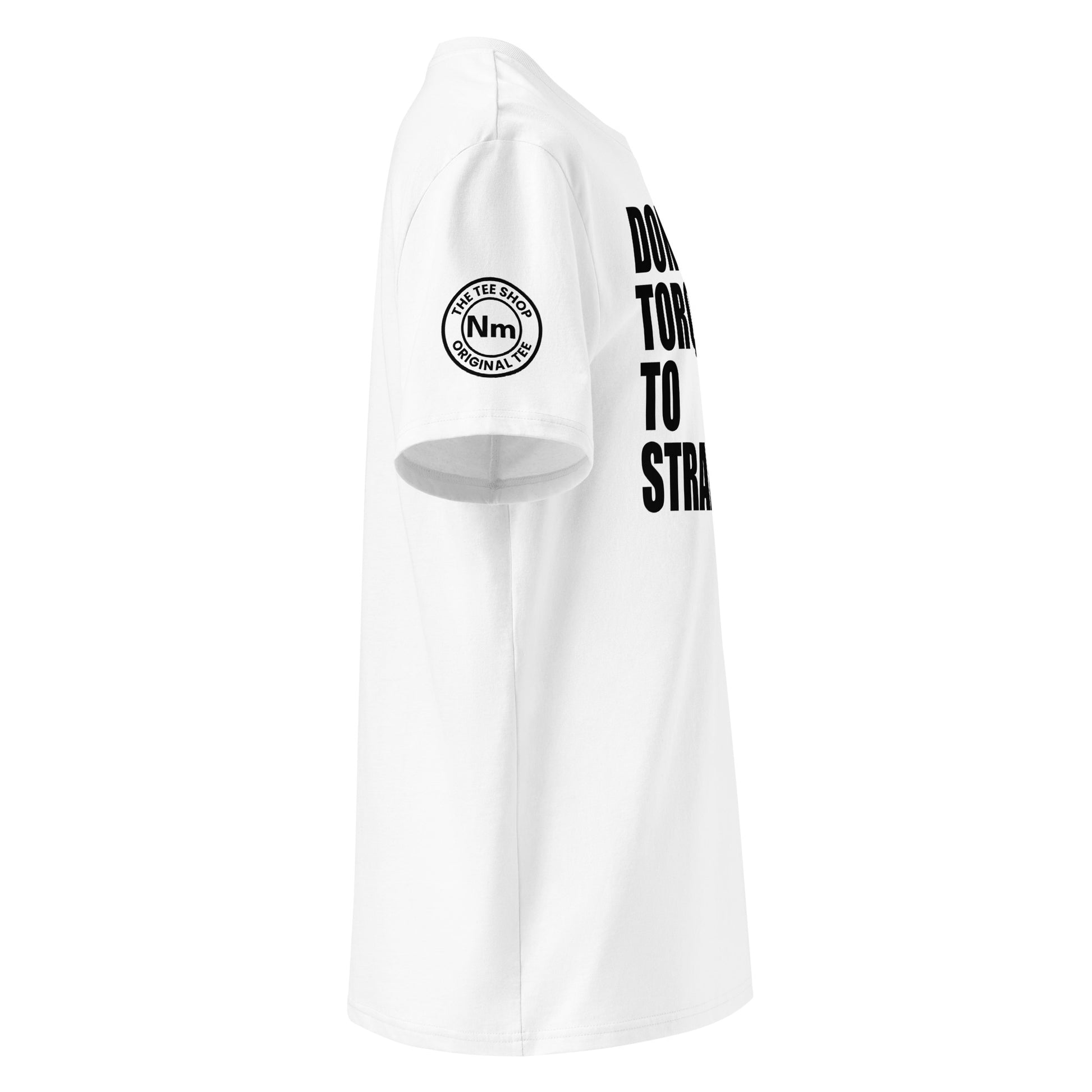 Right side view of white t-shirt showing The Tee Shop’s Nm logo on the sleeve and edge of the torque slogan. DTF print, car culture and banter tribute.